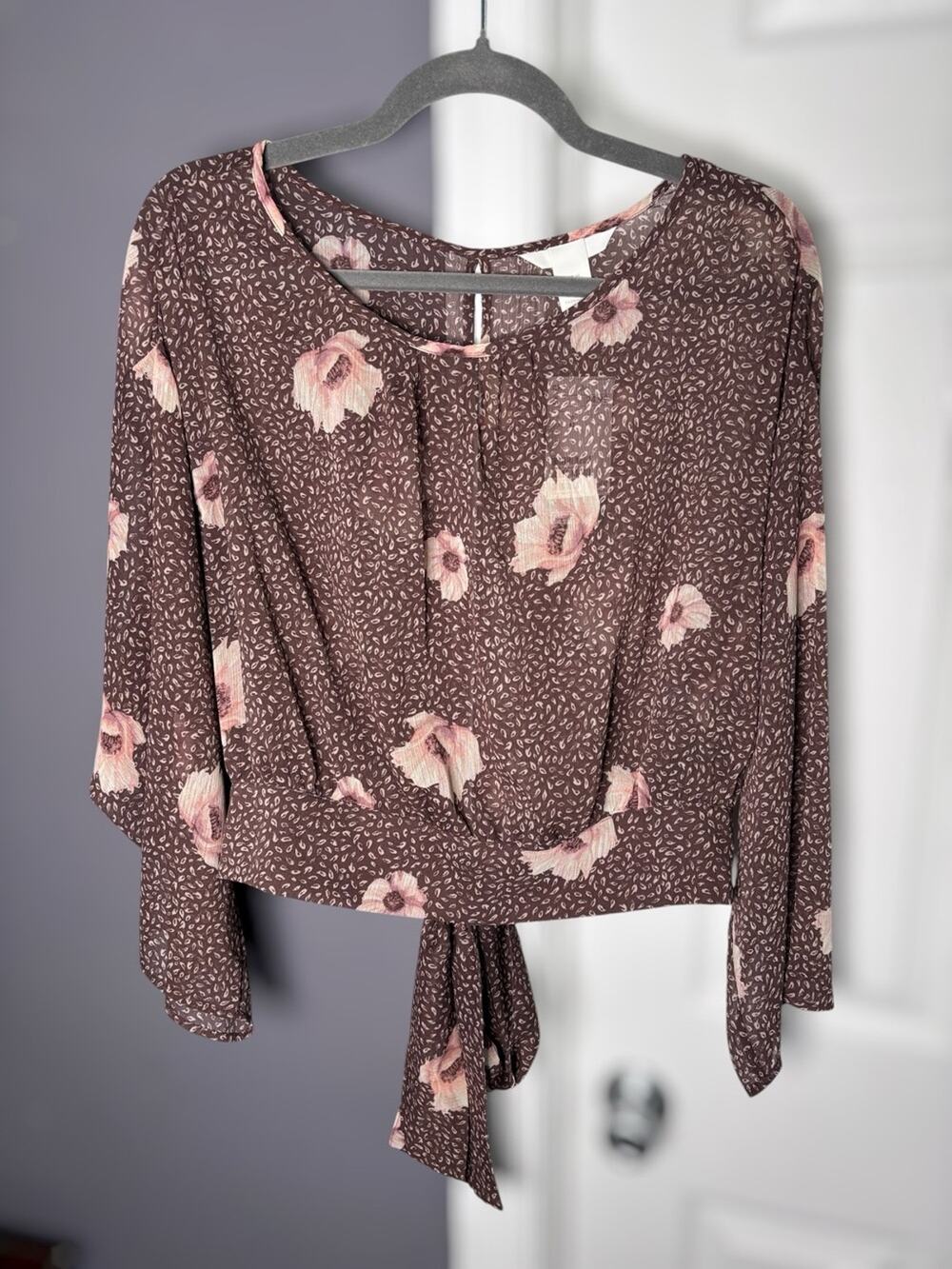 H&M Brown Pink Floral Cropped Blouse Back Cutout Sz 10